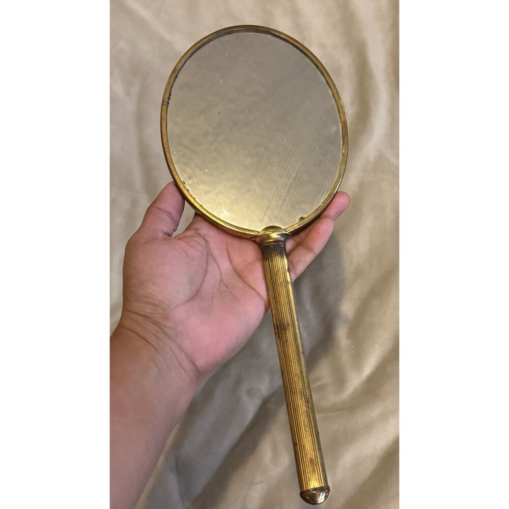 Vintage Brass Hand Held Vanity Mirror Art Deco Design  Handle 1920s-1950s